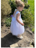 Cap Sleeves White Satin Tulle Pearls Embellished Flower Girl Dress